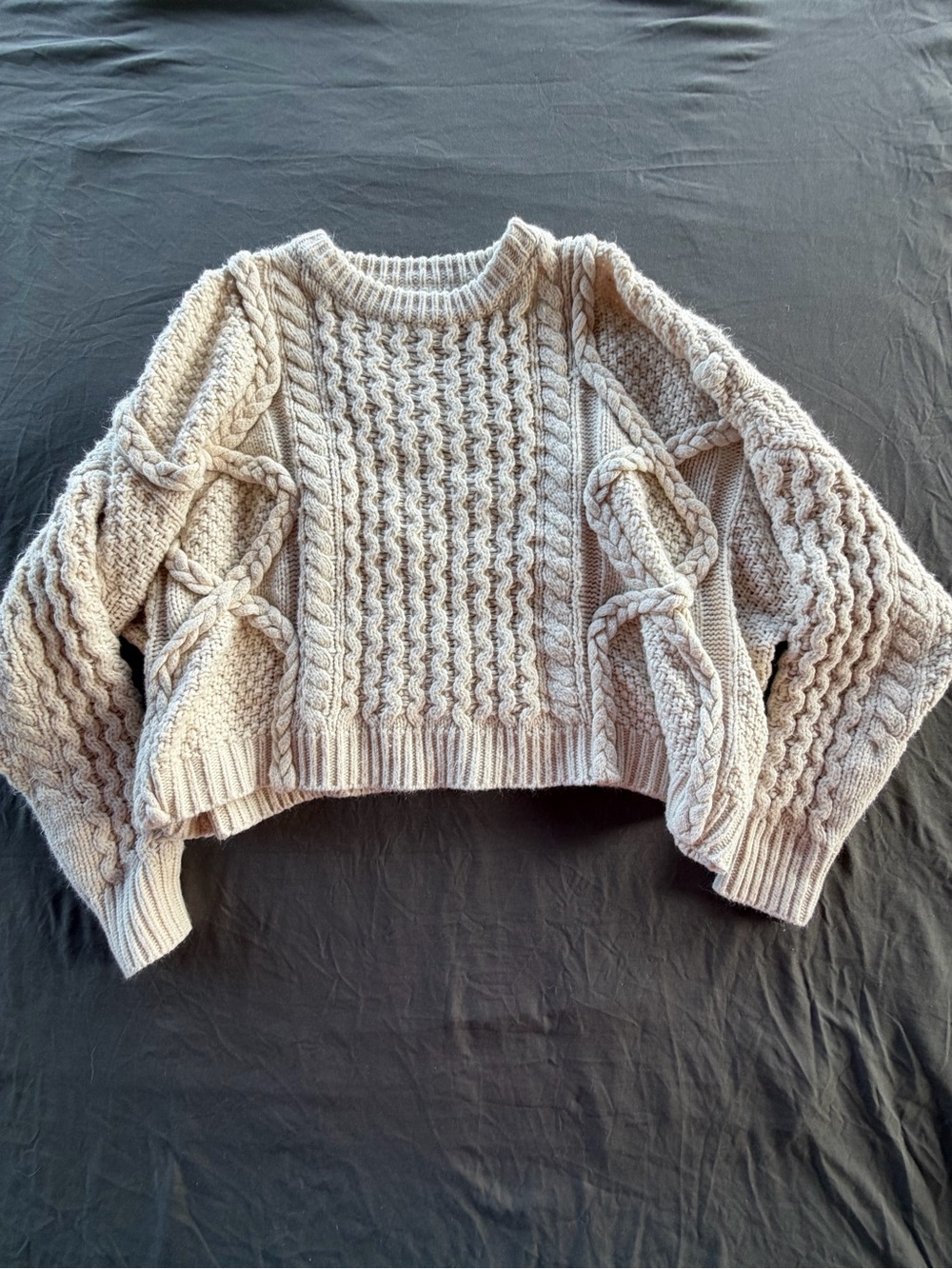 &merci Cropped Cable Knit Crewneck Sweater - Cream